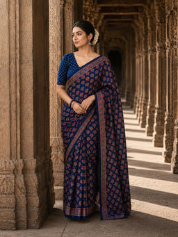 Anjaneya Sarees - Women's Blue Linen Blend Printed Saree with Unstitched Blouse