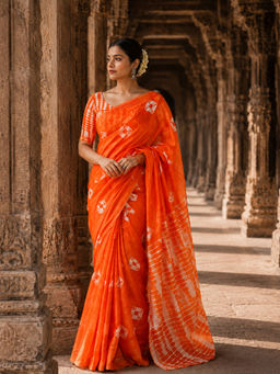 Anjaneya Sarees - Women's Orange Linen Blend Printed Saree with Unstitched Blouse
