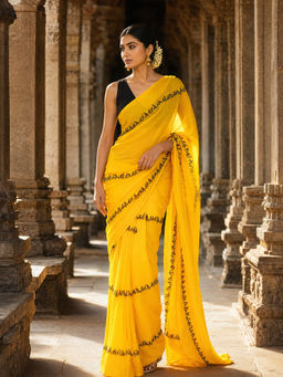Anjaneya Sarees - Women's Yellow Linen Blend Printed Saree with Unstitched Blouse
