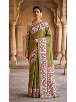Anjaneya Sarees - Women's Green Linen Blend Floral Saree with Unstitched Blouse
