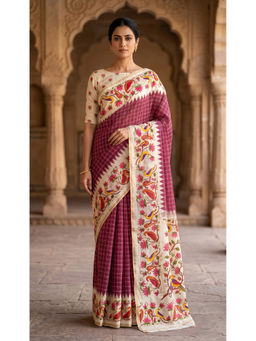 Anjaneya Sarees - Women's Wine Linen Blend Floral Saree with Unstitched Blouse