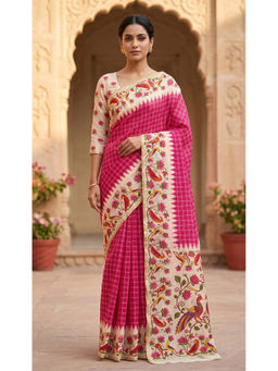 Anjaneya Sarees - Women's Pink Linen Blend Floral Saree with Unstitched Blouse