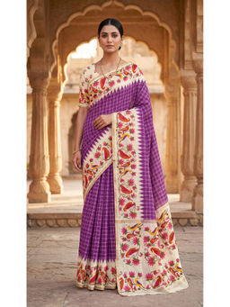 Anjaneya Sarees - Women's Purple Linen Blend Floral Saree with Unstitched Blouse