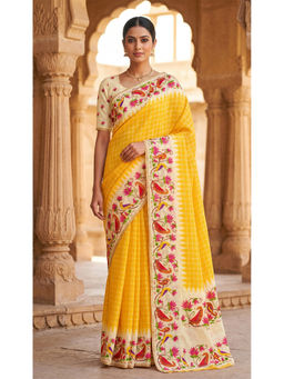 Anjaneya Sarees - Women's Yellow Linen Blend Floral Saree with Unstitched Blouse