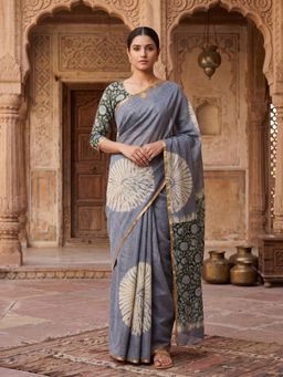 Anjaneya Sarees - Women's Grey Linen Blend Floral Saree with Unstitched Blouse