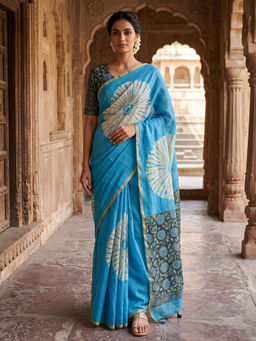 Anjaneya Sarees - Women's Blue Linen Blend Floral Saree with Unstitched Blouse