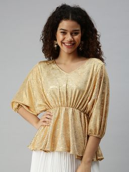 SHOWOFFFF - Women V-Neck Balloon Sleeves Embellished Gold Top