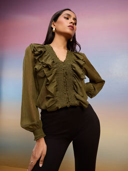 RSVP by Nykaa Fashion - Olive Green Solid V Neck Full Sleeves Ruffled Top