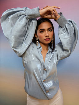 RSVP by Nykaa Fashion - Ice Blue Solid Collar Neck Full Bishop Sleeves Top