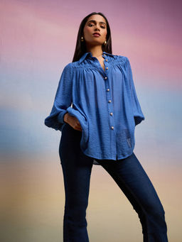 RSVP by Nykaa Fashion - Cobalt Blue Solid Bishop Sleeves Gathered Shirt