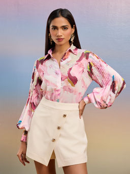 RSVP by Nykaa Fashion - Candy Pink And White Printed Full Sleeves Satin Shirt