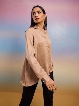 RSVP by Nykaa Fashion - Beige Solid Pearl Buttons Full Sleeves Satin Shirt