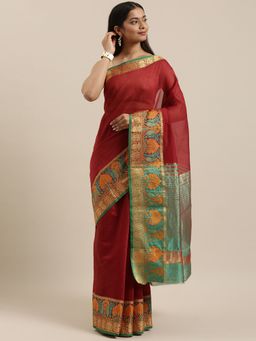 Sangam Prints - Maroon Cotton Handloom Woven Work Traditional Saree with Unstitched Blouse