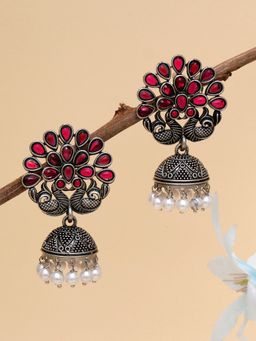 Karatcart - Oxidised Silver Peacock Shape Pink Stone Studded Jhumki Earrings for Women