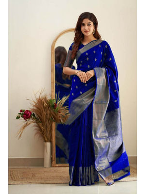 Women's Blue Banarsi Silk Woven Design Kanjeevaram  Saree