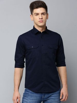 Men's Navy Blue Comfort Spread Collar Solid Denim Oversized Casual Shirt