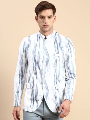 Men's Blue Slim-Fit Printed Mandarin Collar Bandhgala Cotton Casual Blazer