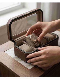 Premsons - Dark Brown with Black Border 4 Slot Classic Leather Watch Box