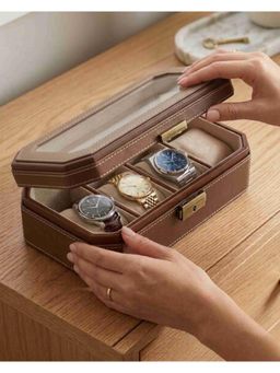 Premsons - Brown with Light Brown Border 4 Slot Classic Leather Watch Box