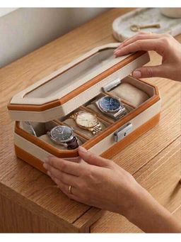 Premsons - Beige and Orange Border 4 Slot Classic Leather Watch Box