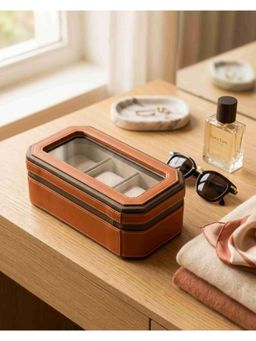Premsons - Orange and Grey Border 4 Slot Classic Leather Watch Box