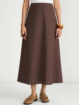 Femmella - Coffee Brown Cotton Linen A Line Skirt