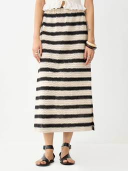 Femmella - Beige Stripe Crochet Ankle Length Midi Skirt