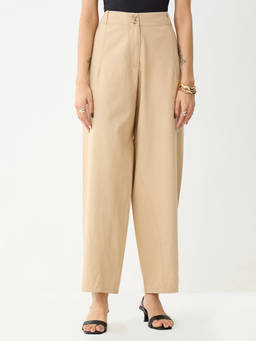 Femmella - Beige High-Waisted Belted Trouser
