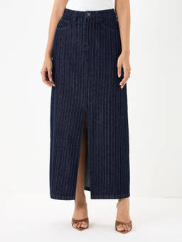 Femmella - Denim Classic Front Slit Stripe Midi Skirt