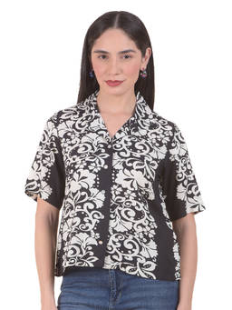 Cantabil - Black Rayon Regular Fit Half Sleeves Floral Collar Neck Shirt