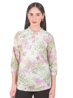 Cantabil - Green Pure Cotton Regular Fit Three Fourth Sleeves Floral Round Neck Tunic