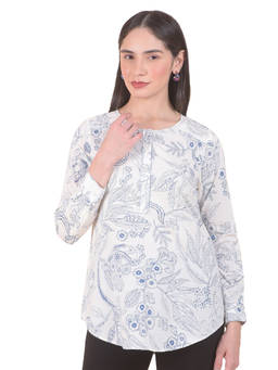 Cantabil - White Pure Cotton Regular Fit Full Sleeves Floral Round Neck Tunic