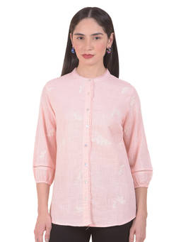 Cantabil - Pink Pure Cotton Regular Fit Three Fourth Sleeves Embroidered Round Neck Tunic