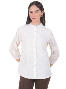 Cantabil - White Pure Cotton Regular Fit Three Fourth Sleeves Embroidered Round Neck Tunic