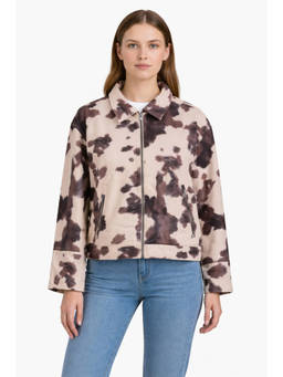 NOBARR - Women Cotton Tie-Dye Zip-Up Beige Casual Long Sleeve Jacket