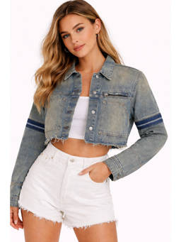 NOBARR - Women Blue Washed Cropped Cotton Stretch Denim Jacket