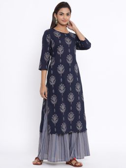 Miravan - Women Blue & Grey Printed Pure Cotton Kurta with Sharara (Set of 2)