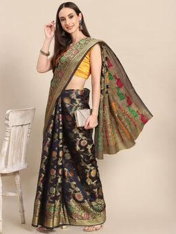 Odette - Dark Blue Woven Organza Saree with Unstitched Blouse