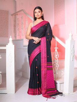 CHARUKRITI - Black Cotton Handspun Saree with Woven Zari Motifs and Borders with Unstitched Blouse