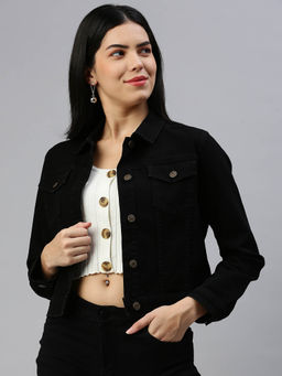 De Moza - Women Solid Collar Neck Black Jacket