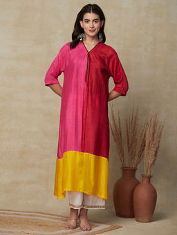 FASHOR - Solid Colorblocked Kurta with Palazzo- Multi (Set of 2)