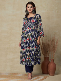 FASHOR - Abstract Printed Kurta with Inner & Pants- Blue (Set of 3)
