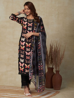 FASHOR - Butterfly Printed Kurta with Dupatta- Black (Set of 2)