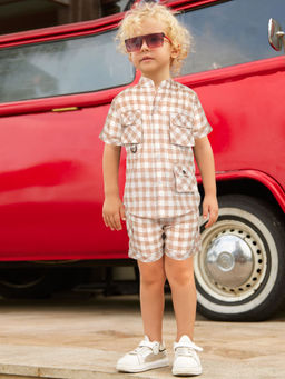 BAD BOYS - Rust Blended Fabric Checks Shirt and Shorts (Set of 2)