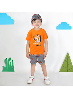 BAD BOYS - Orange Cotton Printed Shirt with Shorts and Cap (Set of 3)