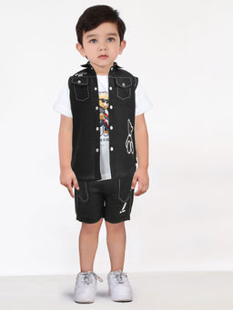 BAD BOYS - Black Cotton Printed Jacket with T-Shirt and Shorts (Set of 3)