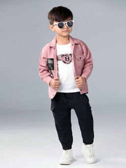 BAD BOYS - Peach Cotton Printed Jacket with T-Shirt and Jogger (Set of 3)