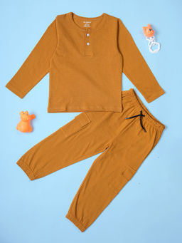 Be Awara - Boys Brown Cotton Solid T-Shirt and Pant (Set of 2)
