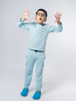 Be Awara - Boys Blue Cotton Solid T-Shirt and Pant (Set of 2)