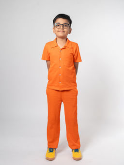 Be Awara - Boys Orange Cotton Solid Shirt and Pant (Set of 2)